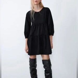 Zara Faux Suede Long Sleeve Ruffle Puff Sleeve Black Dress Size Small